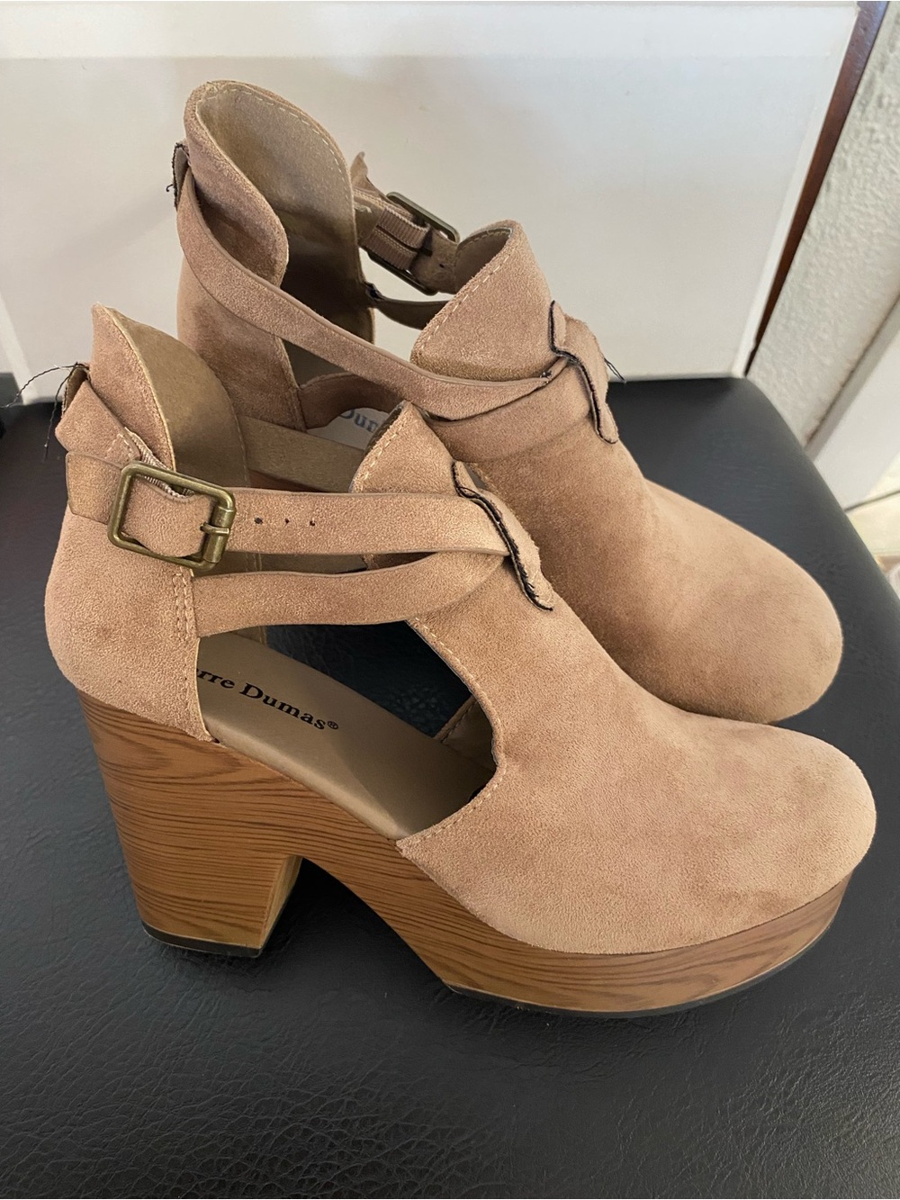 Buckle Suede Cutout Platform Pumps — Beige/Tan